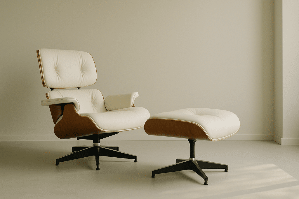 איקונה של נוחות: כיסא Eames Lounge המשלב עץ, עור ונוחות על-זמנית בעיצוב עכשווי.