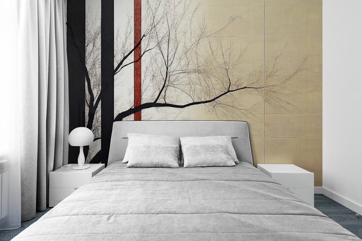 חדר שינה רגוע עם קיר גרפי ועץ