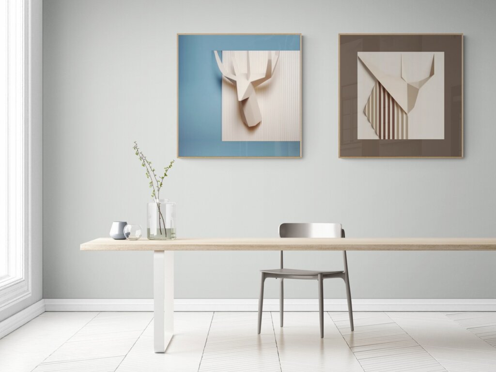 פינת עבודה שקטה עם אמנות מינימליסטית